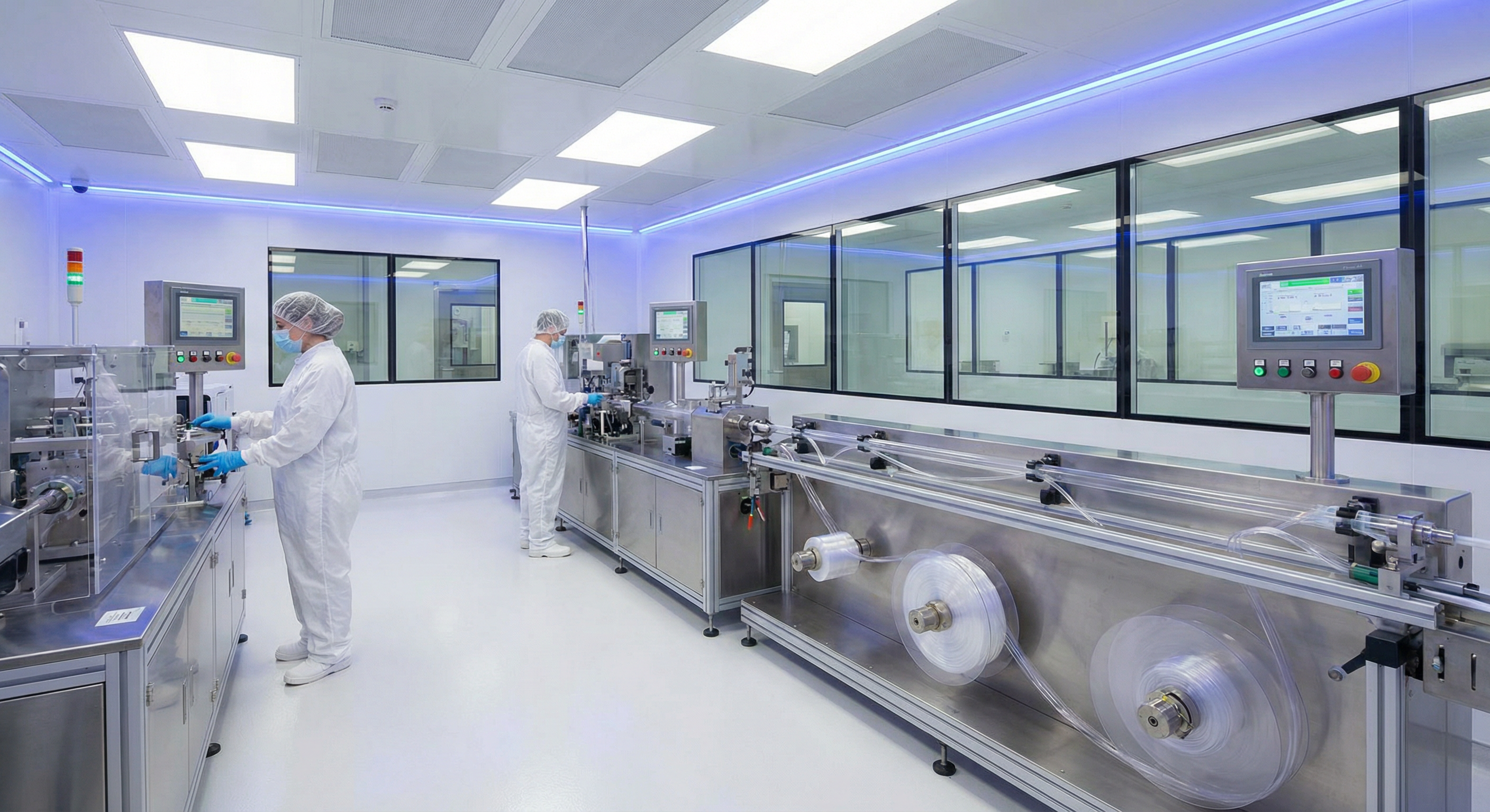 Professional medical device manufacturing facility with cleanroom environment featuring precision tubing extrusion equipment for catheter and medical tubing production