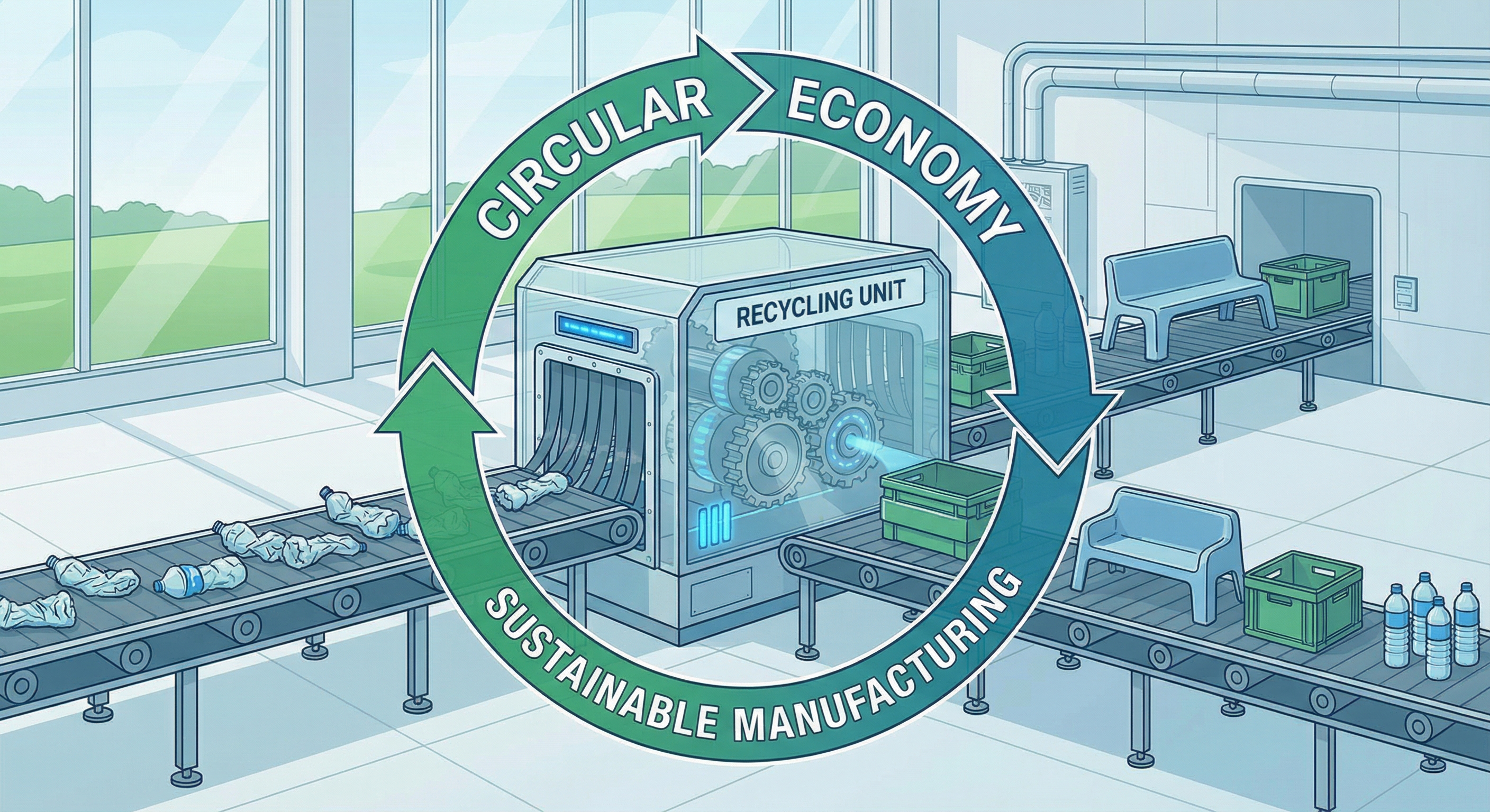 Industrial plastic recycling facility with automated conveyor system processing waste plastic bottles into reusable materials