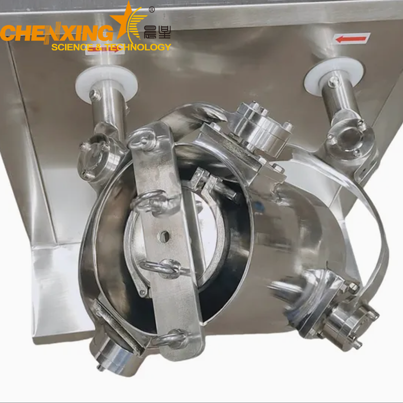 Stainless steel three-dimensional mixer with vacuum feeding system and control panel