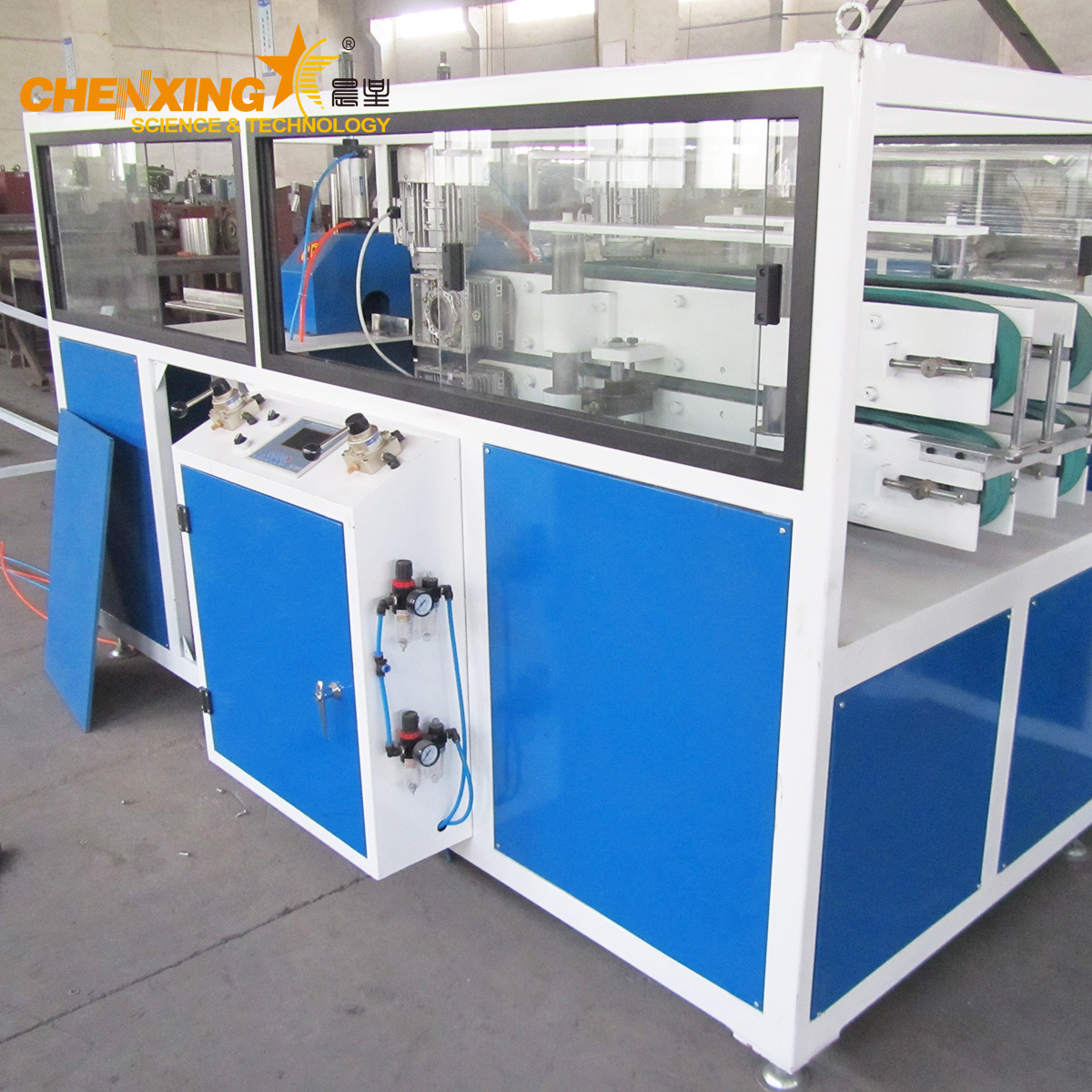 haul-off and cutting unit for twin pvc pipe extrusion