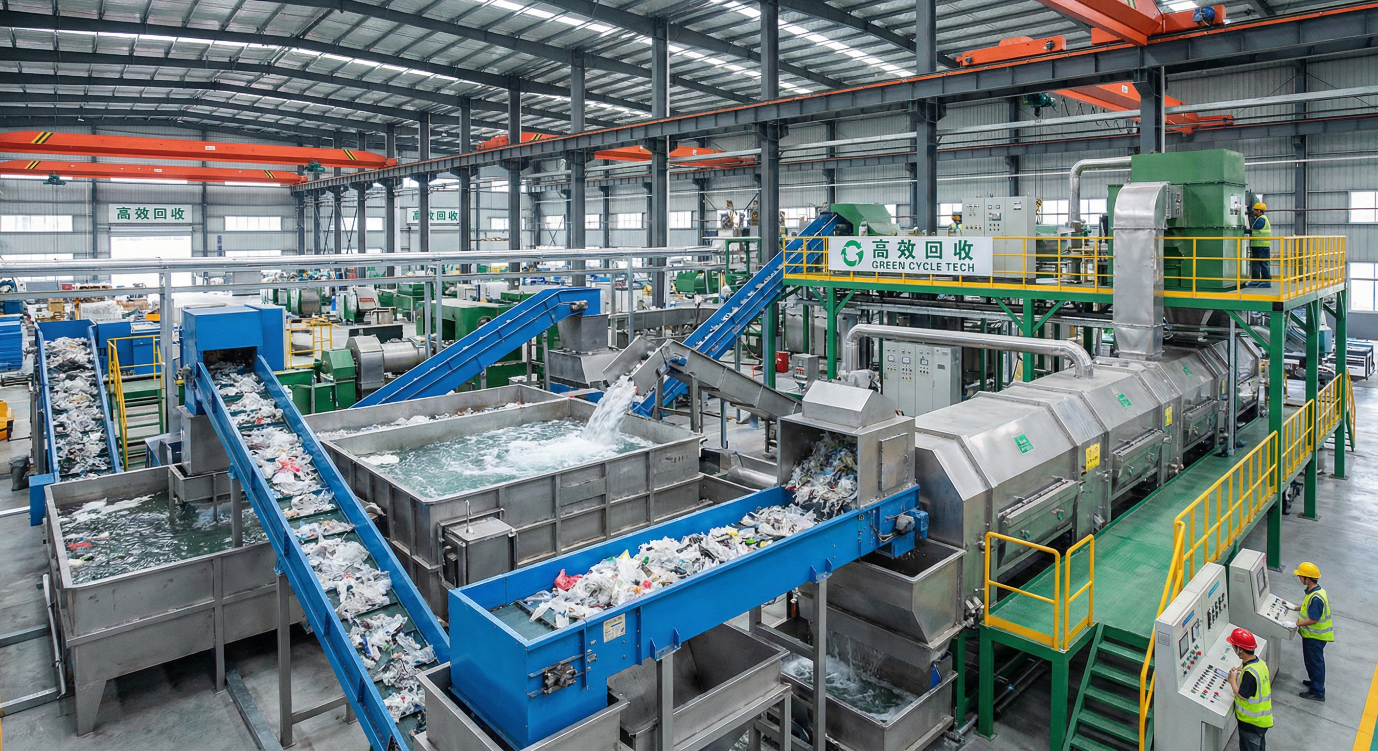 Professional plastic film recycling facility featuring high-capacity washing line equipment, conveyor systems, and water treatment for waste film processing
