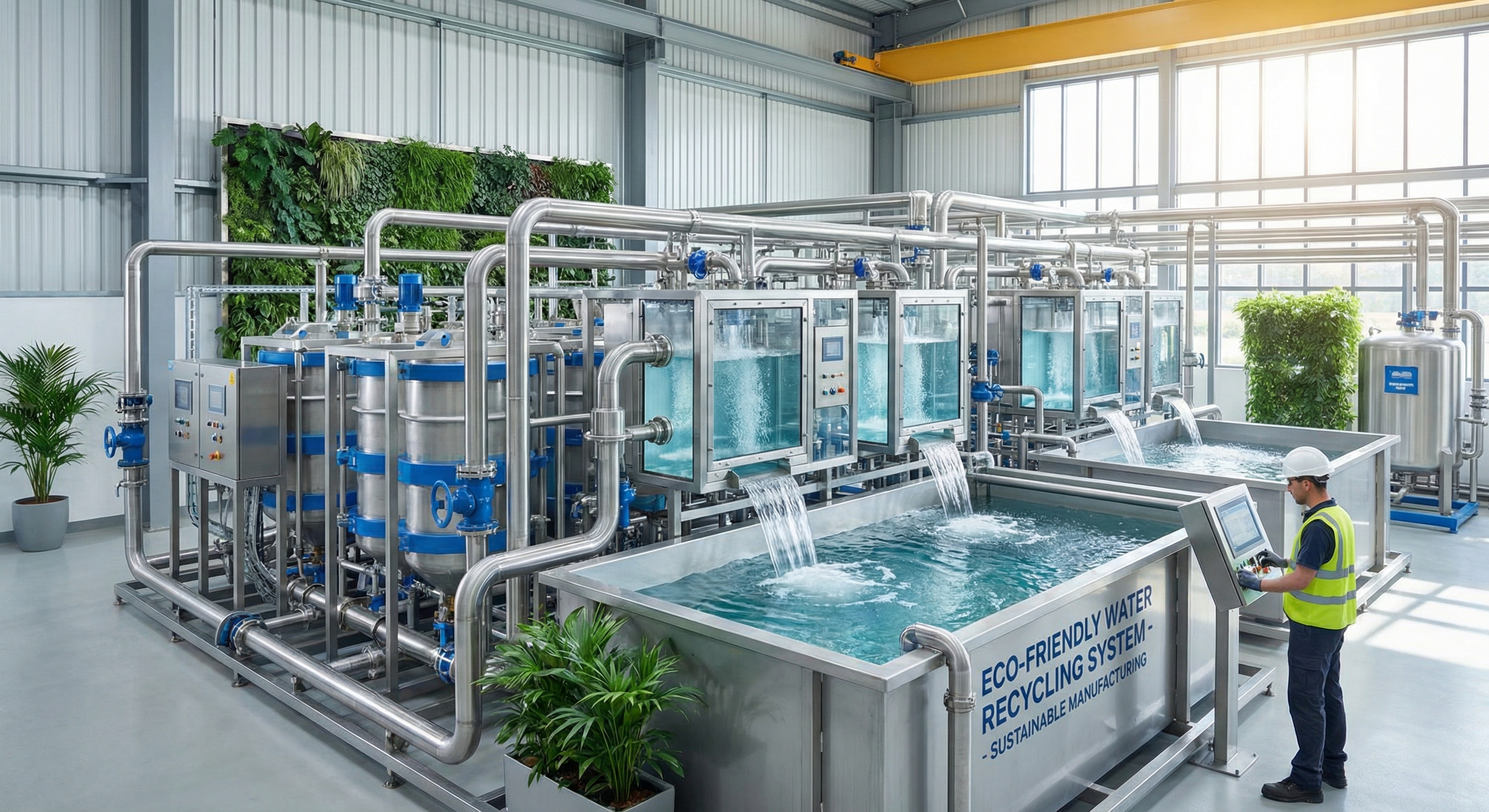 Modern eco-friendly wastewater treatment facility featuring water purification and recycling systems for sustainable plastic manufacturing operations