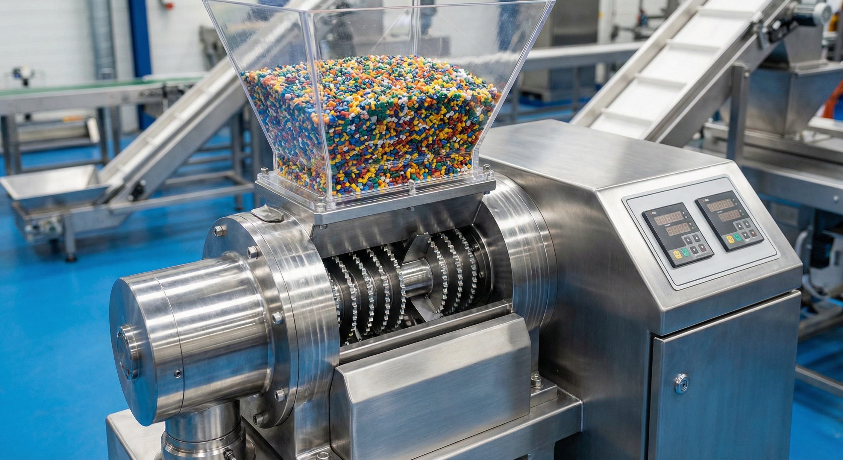 Professional plastic granulator machine with rotating blades and material hopper for recycling plastic waste into uniform pellets