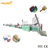 Full PET monofilament extrusion line — extruder, cooling tank, ovens and winding units. Spools of finished monofilament for brush and broom manufacturing