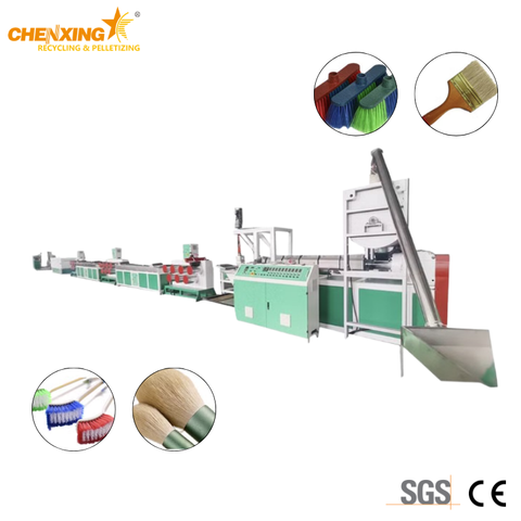 Full PET monofilament extrusion line — extruder, cooling tank, ovens and winding units. Spools of finished monofilament for brush and broom manufacturing