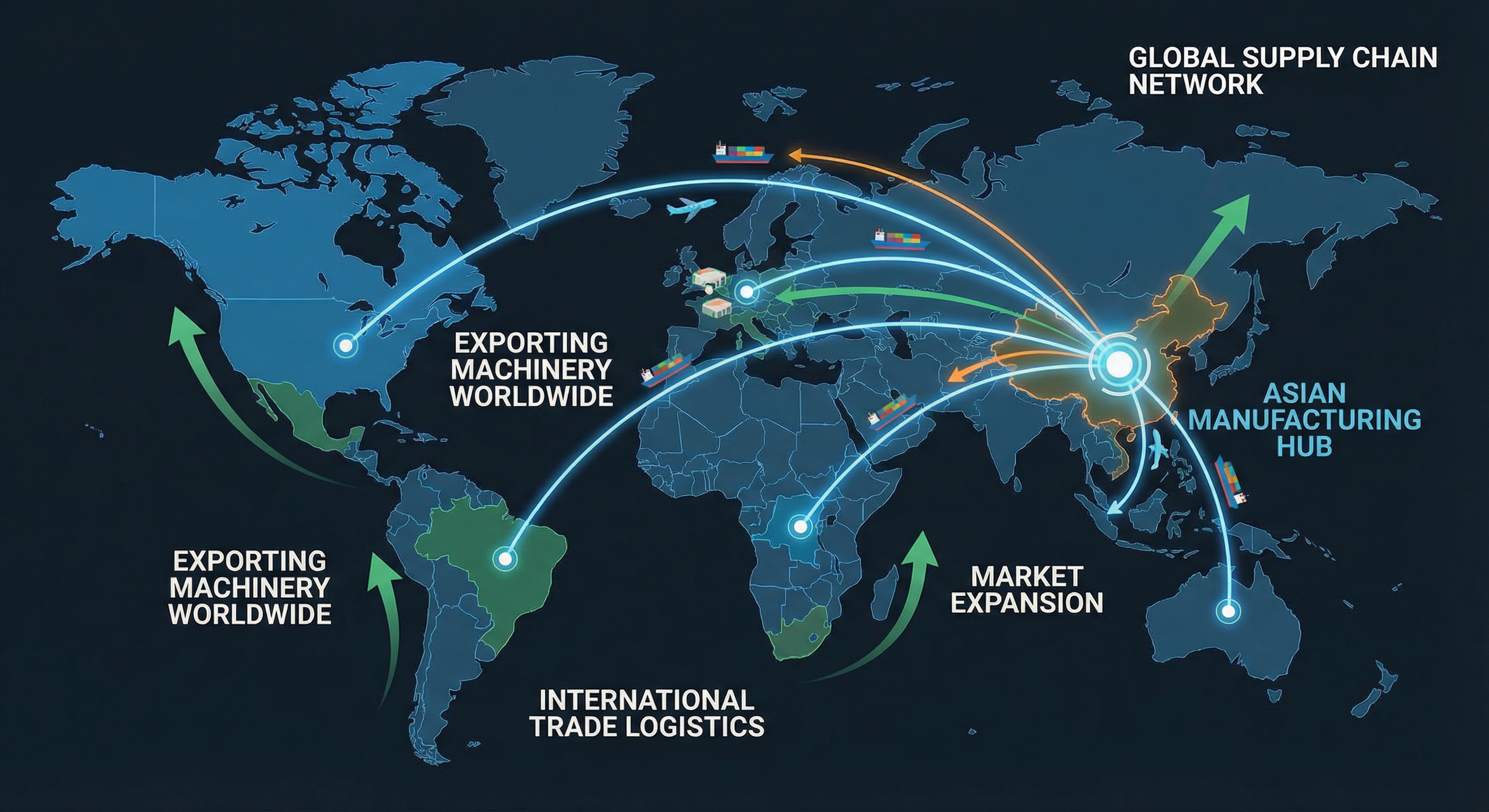 World map visualization showing international manufacturing hub connecting to global distribution network with shipping routes and trade connections for machinery export