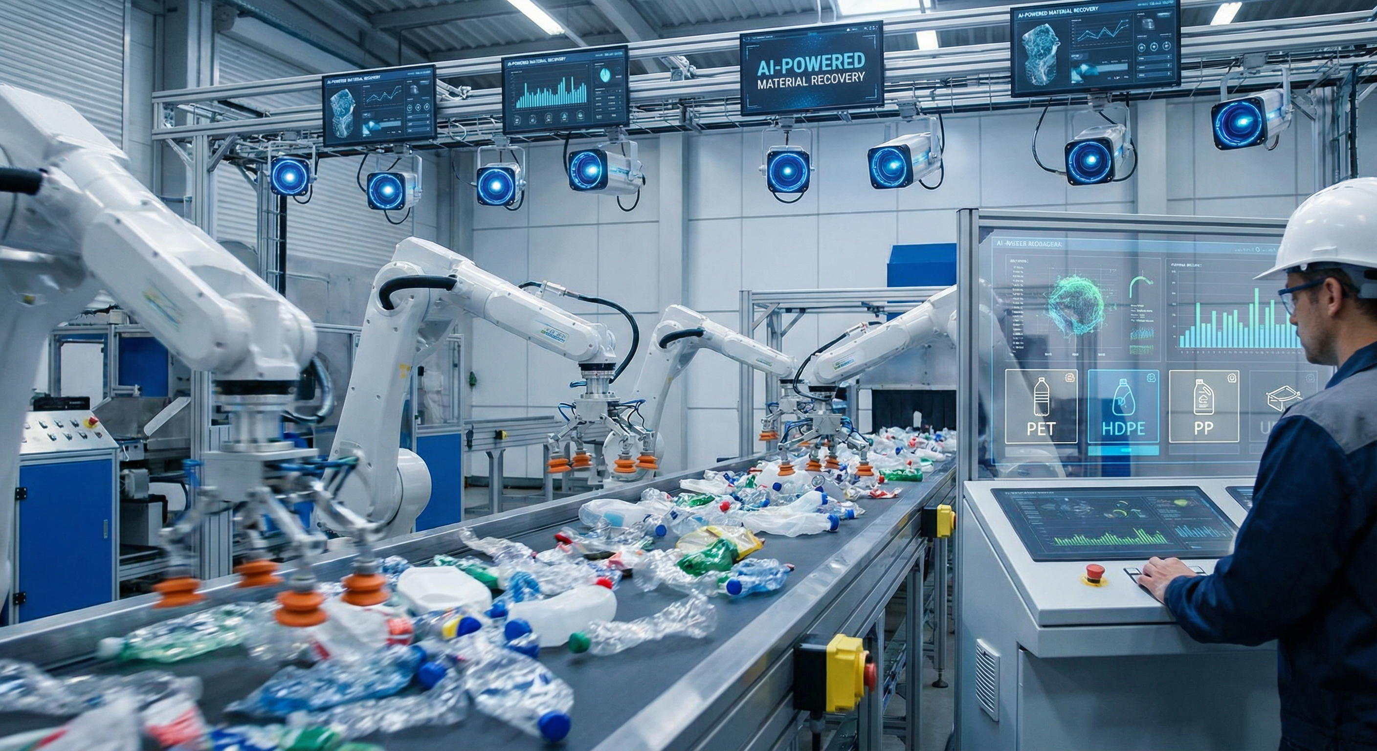 Futuristic recycling facility with AI-powered robotic arms sorting plastic materials using computer vision technology and machine learning algorithms