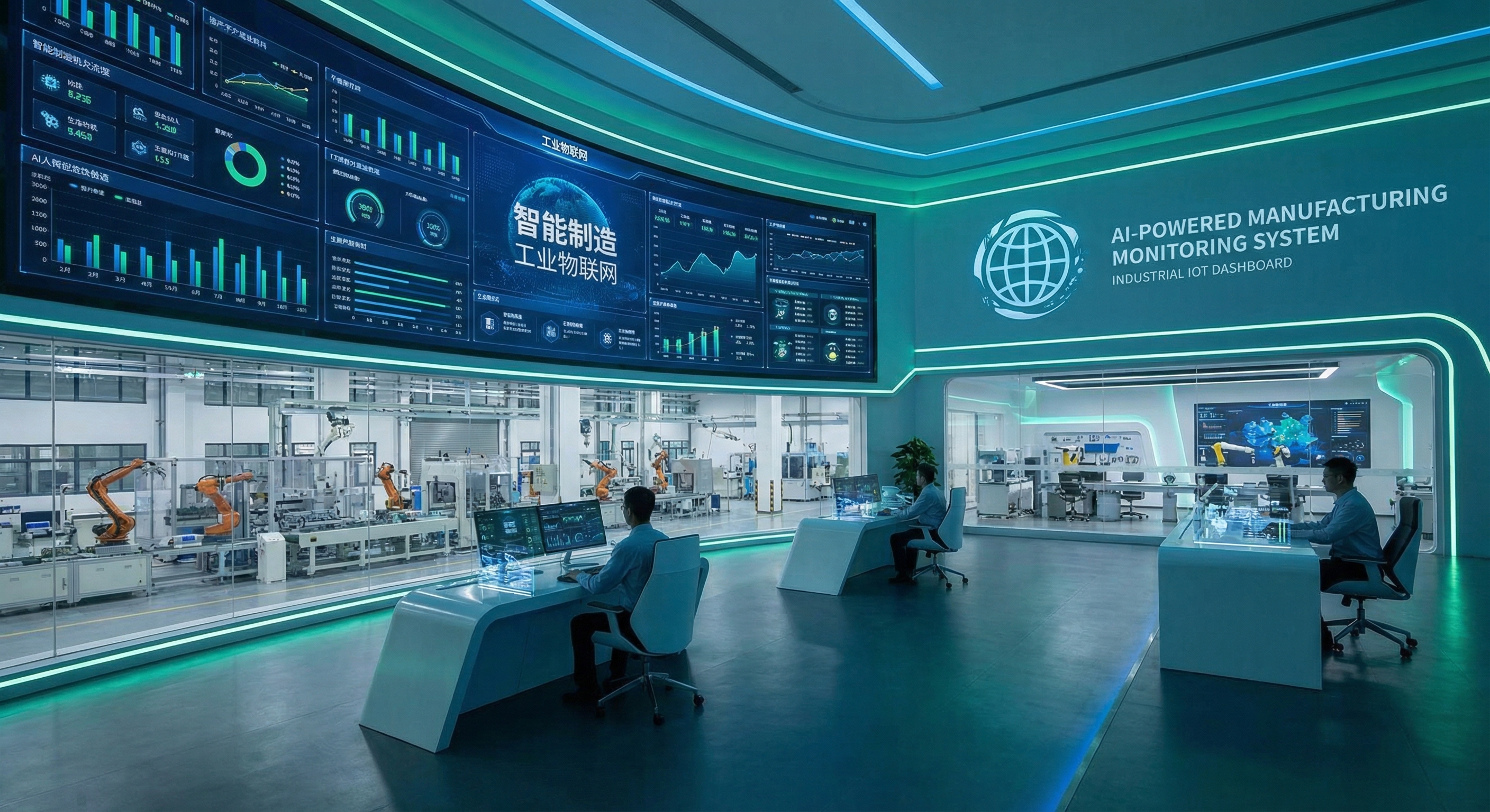 Modern manufacturing facility control room featuring large digital screens displaying real-time production data