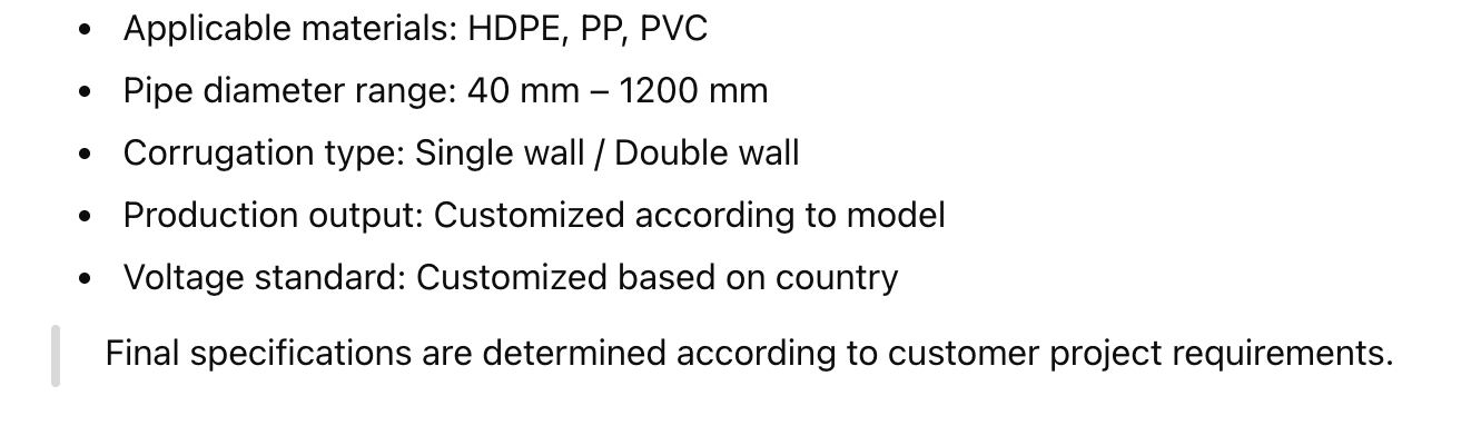 Typical Technical Parameters (Customized Design)