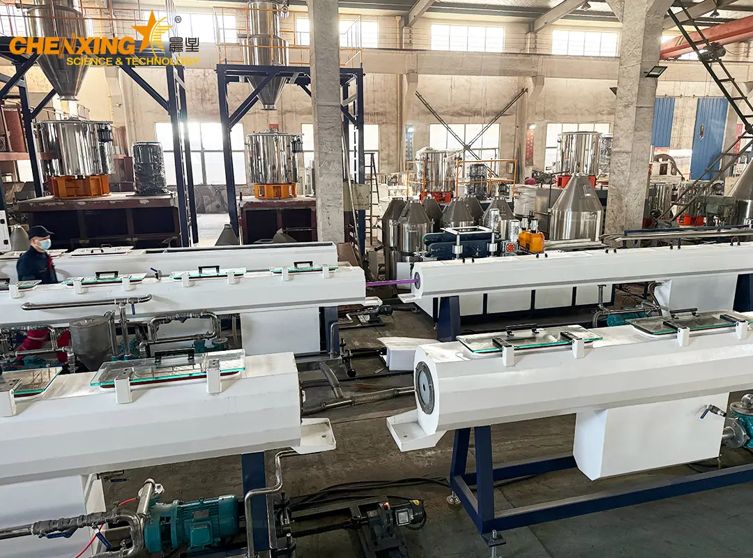 PVC pipe extrusion line running in factory