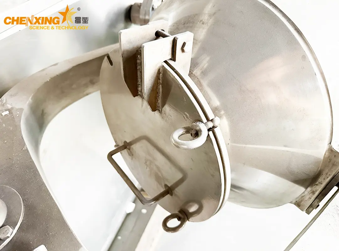 stainless steel three-dimensional motion mixer drum rotating in factory environment