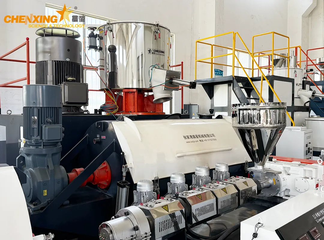 High-speed horizontal mixer in plastic extrusion factory workshop