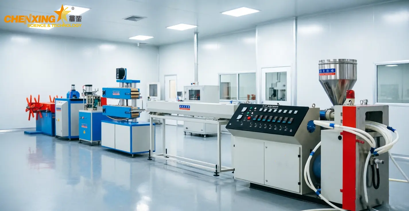 Modern PU:PE:PVC precision medical tube extrusion line at Chenxing Machinery factory &mdash; producing multi-lumen infusion and catheter tubing with automated frequency-controlled extrusion and temperature regulation for ISO 13485 compliance.