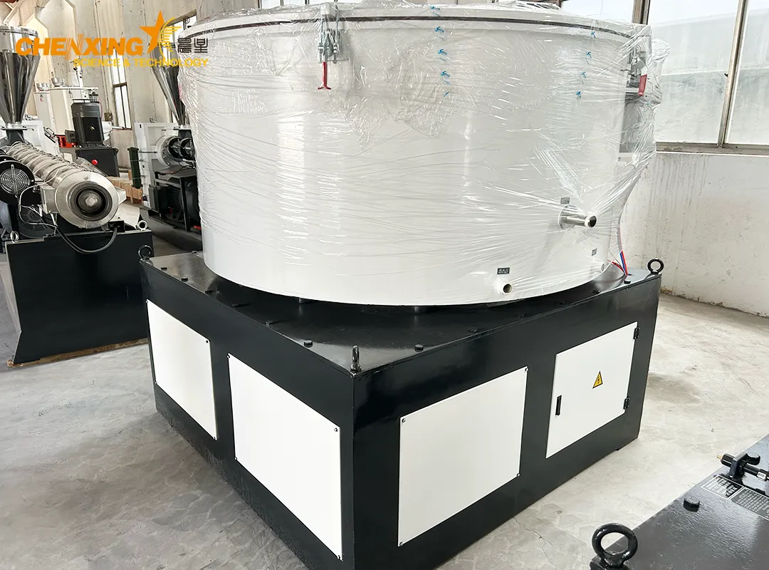Industrial plastic compounding line with heating and cooling mixers